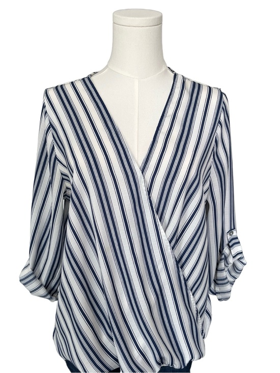 West Kei Tops - West Kei Navy and White Striped Wrap Blouse Size M
